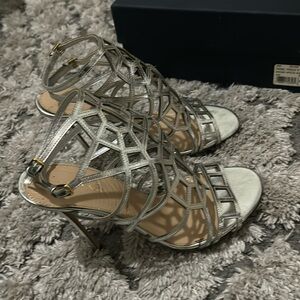 Sergio Rossi Puzzle Caged Evening Sandal Heel Silver Womens Sz 38 7.5 Gladiator